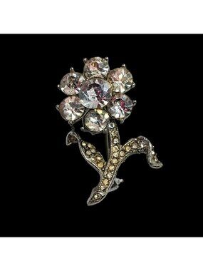 Vtg Mid Century Faceted Rhinestone Flower Brooch Silver Tone w/Long Stem 1.5"